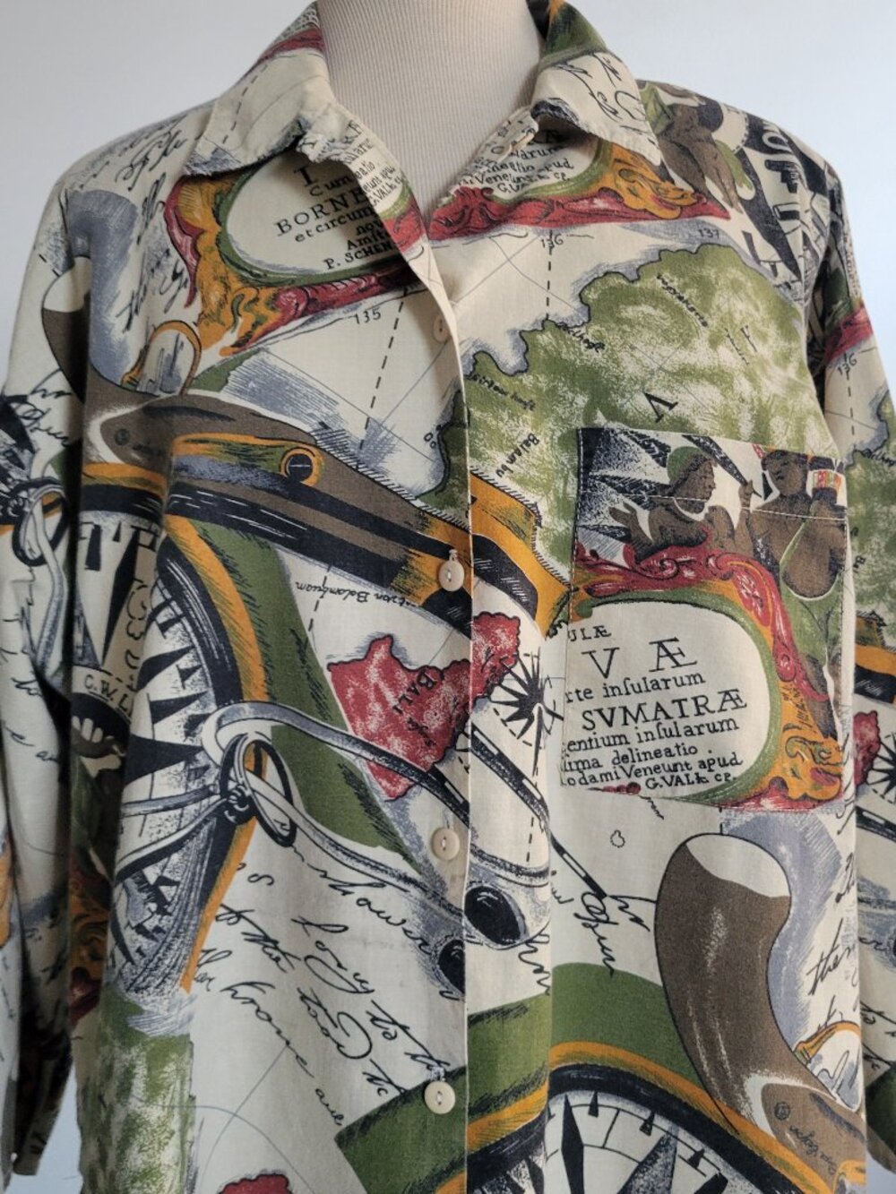 Mirrors Men's Medium Vintage Map Print Button Up Shirt Cotton Travel Nautical
